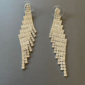 Rhinestone earrings layered on silver plated mesh